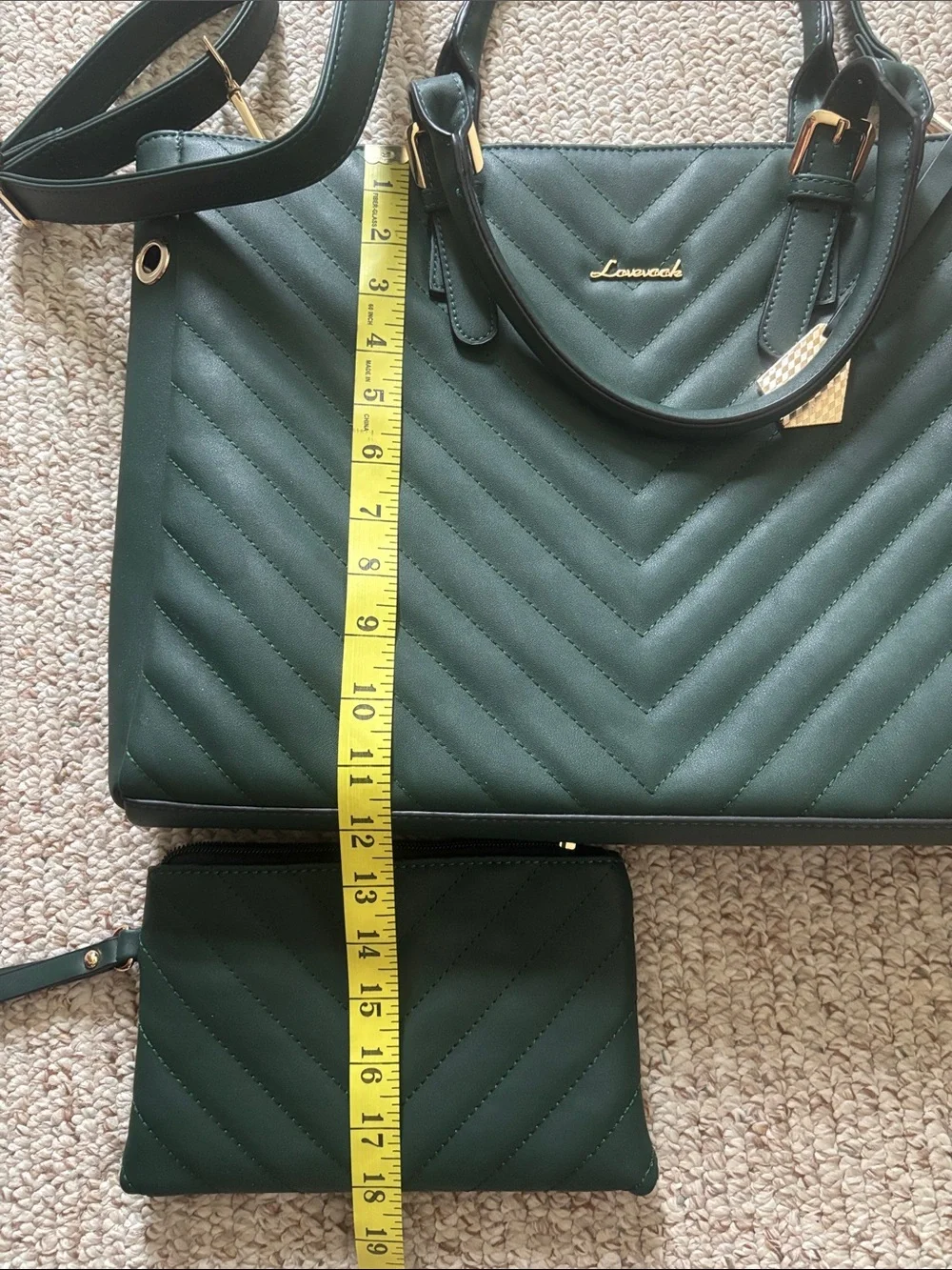 LOVEVOOK 2-Piece Quilted Faux Leather Laptop Tote & Wristlet Set – Dark Green